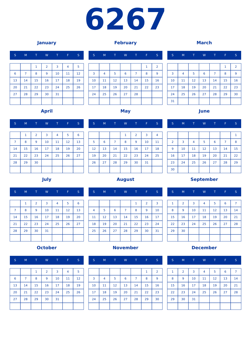 Printable 6267 Year Calendars smalt