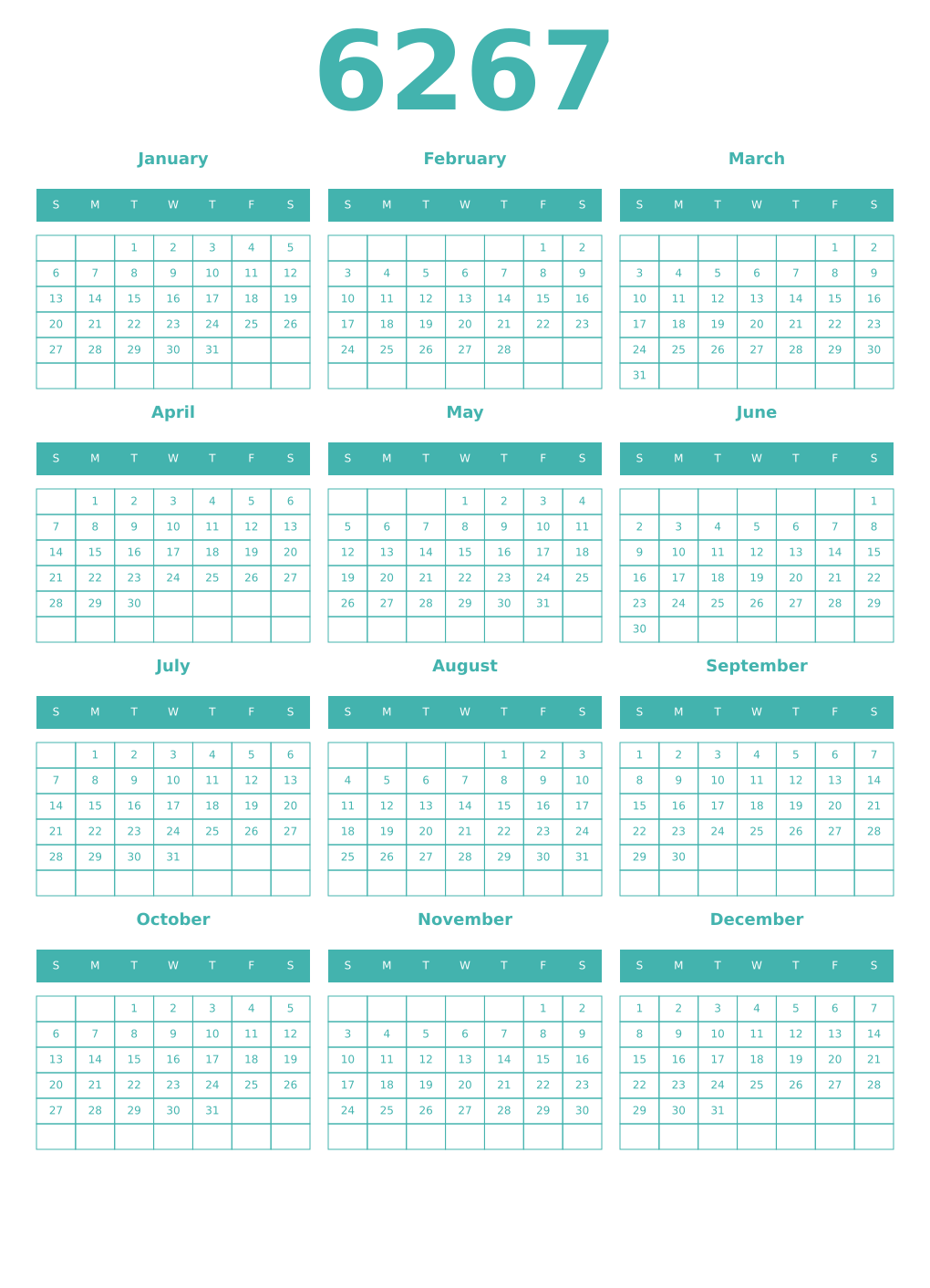 Printable 6267 Year Calendars verdigris