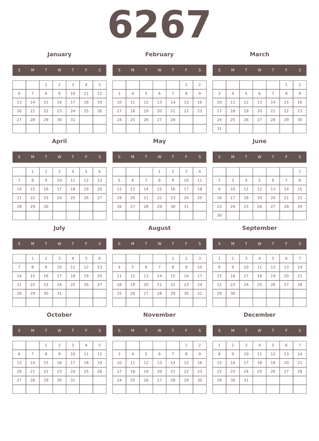 Printable 6267 Year Calendars wenge