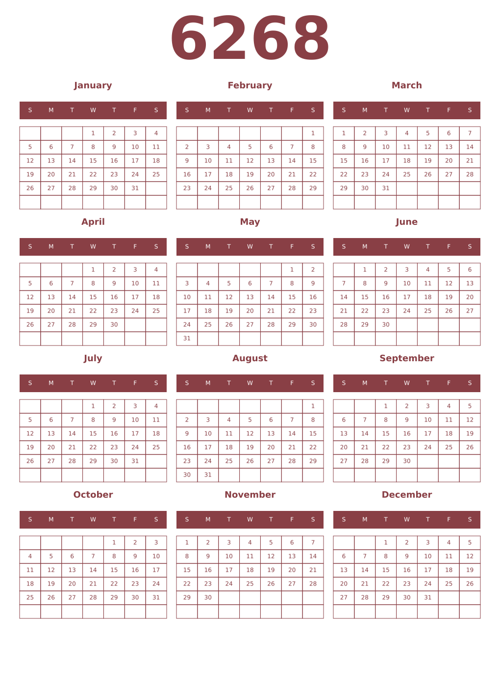 Printable 6268 Year Calendars cordovan