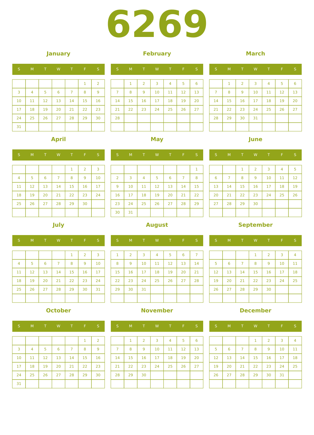 Printable 6269 Year Calendars chartreuse