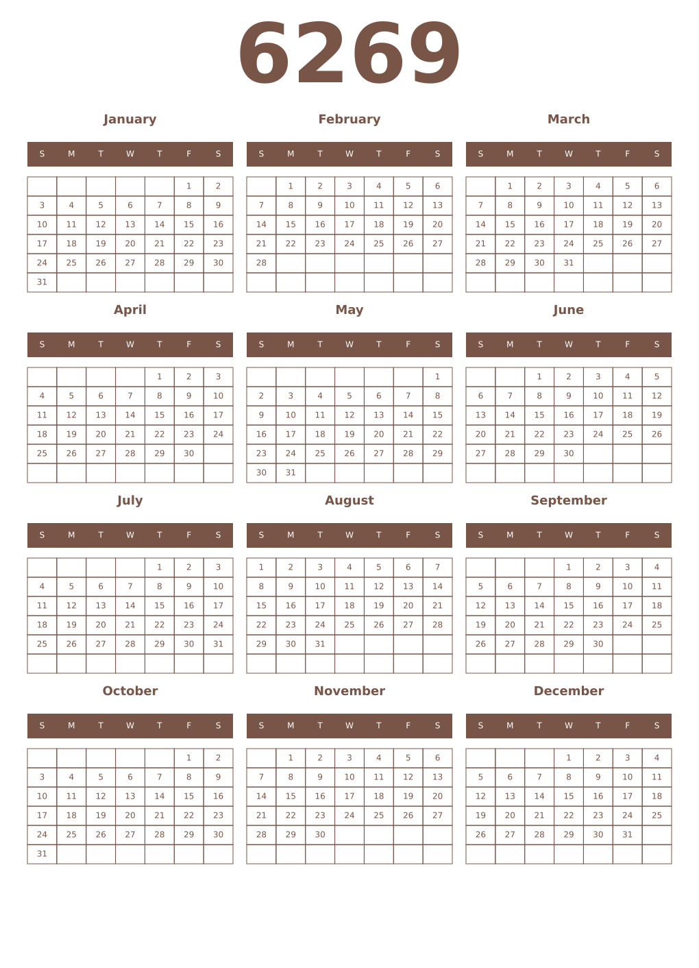 Printable 6269 Year Calendars coffe