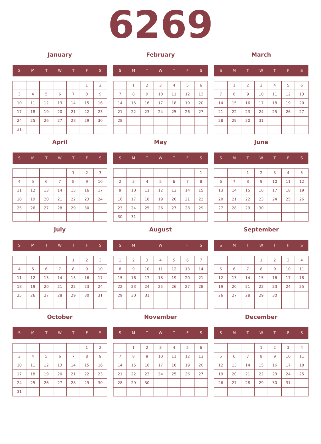 Printable 6269 Year Calendars cordovan