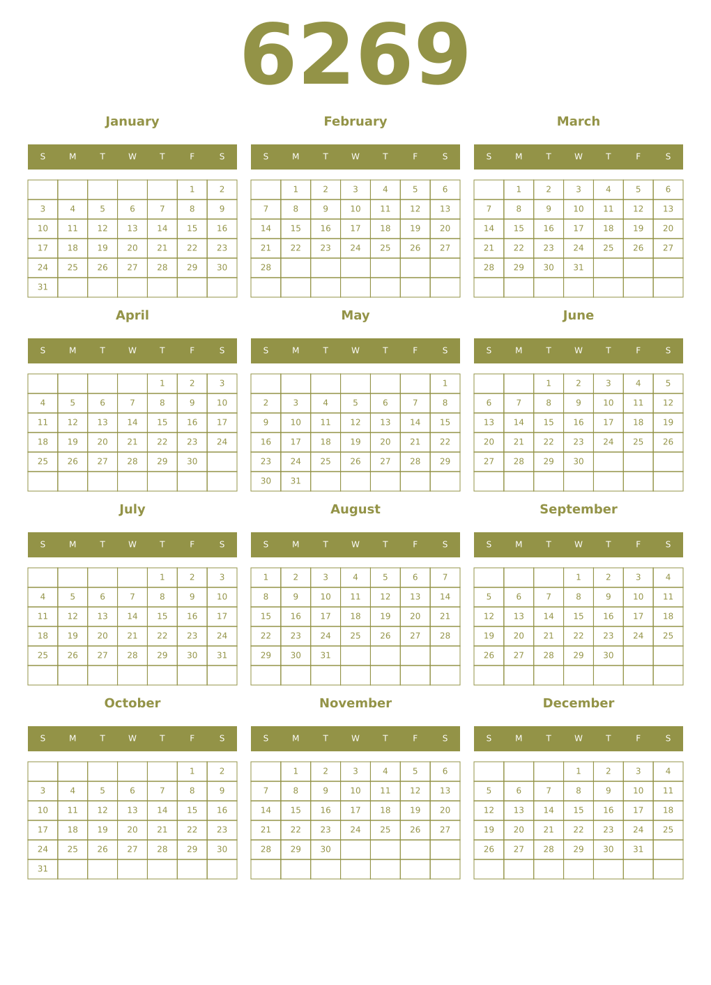 Printable 6269 Year Calendars eburnean