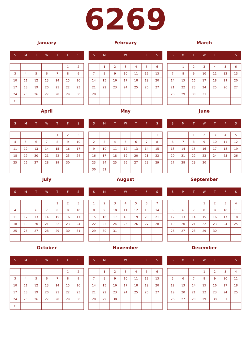 Printable 6269 Year Calendars falu
