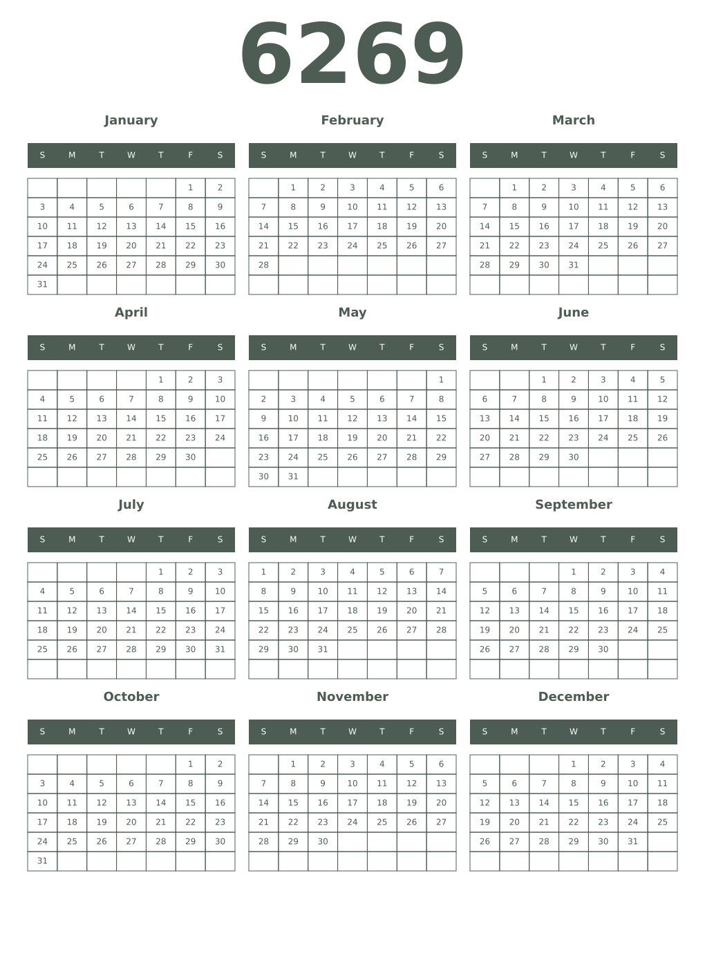 Printable 6269 Year Calendars feldgrau