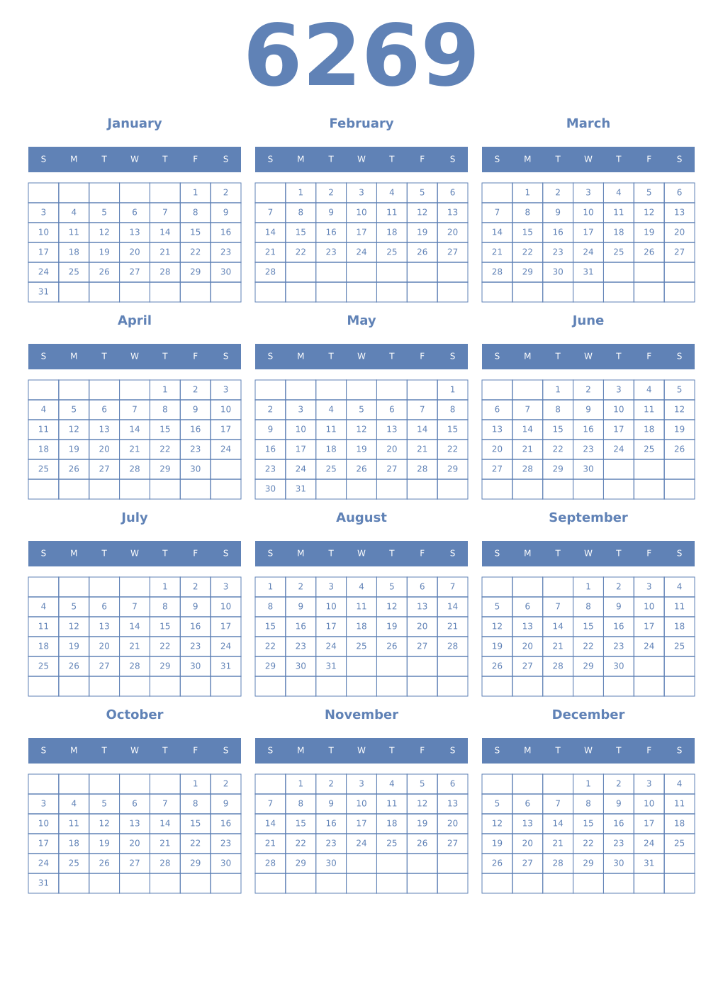 Printable 6269 Year Calendars glaucous