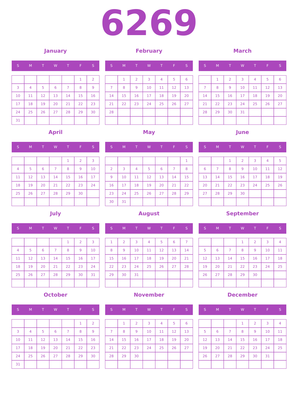 Printable 6269 Year Calendars purple