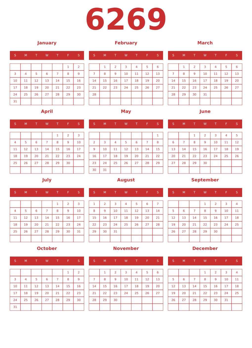Printable 6269 Year Calendars red