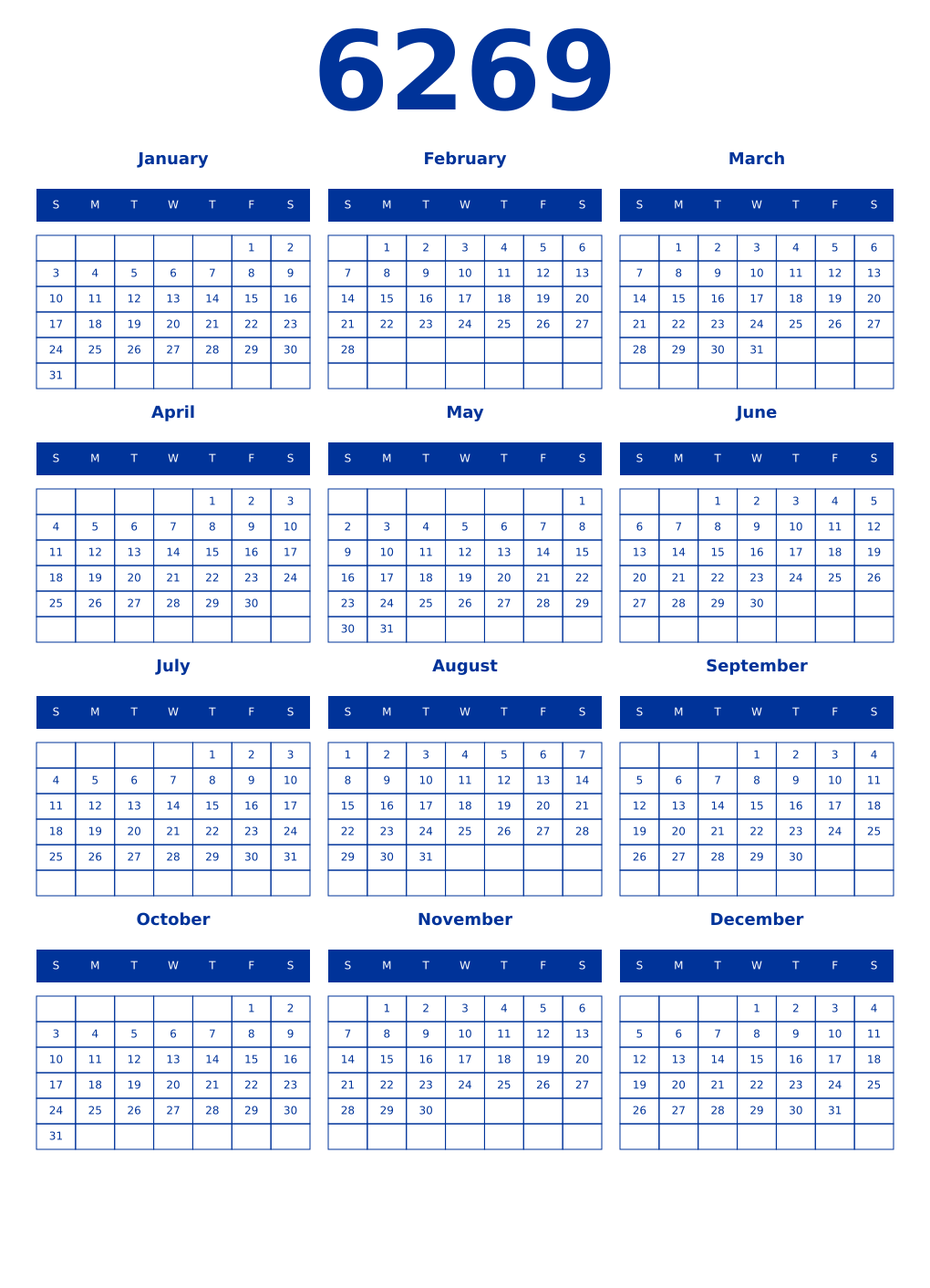 Printable 6269 Year Calendars smalt