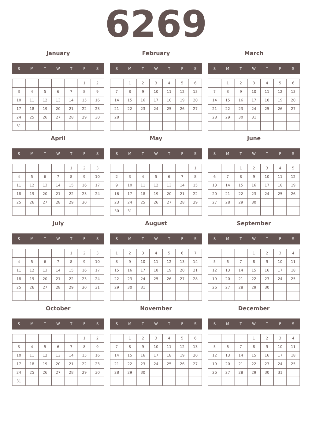 Printable 6269 Year Calendars wenge