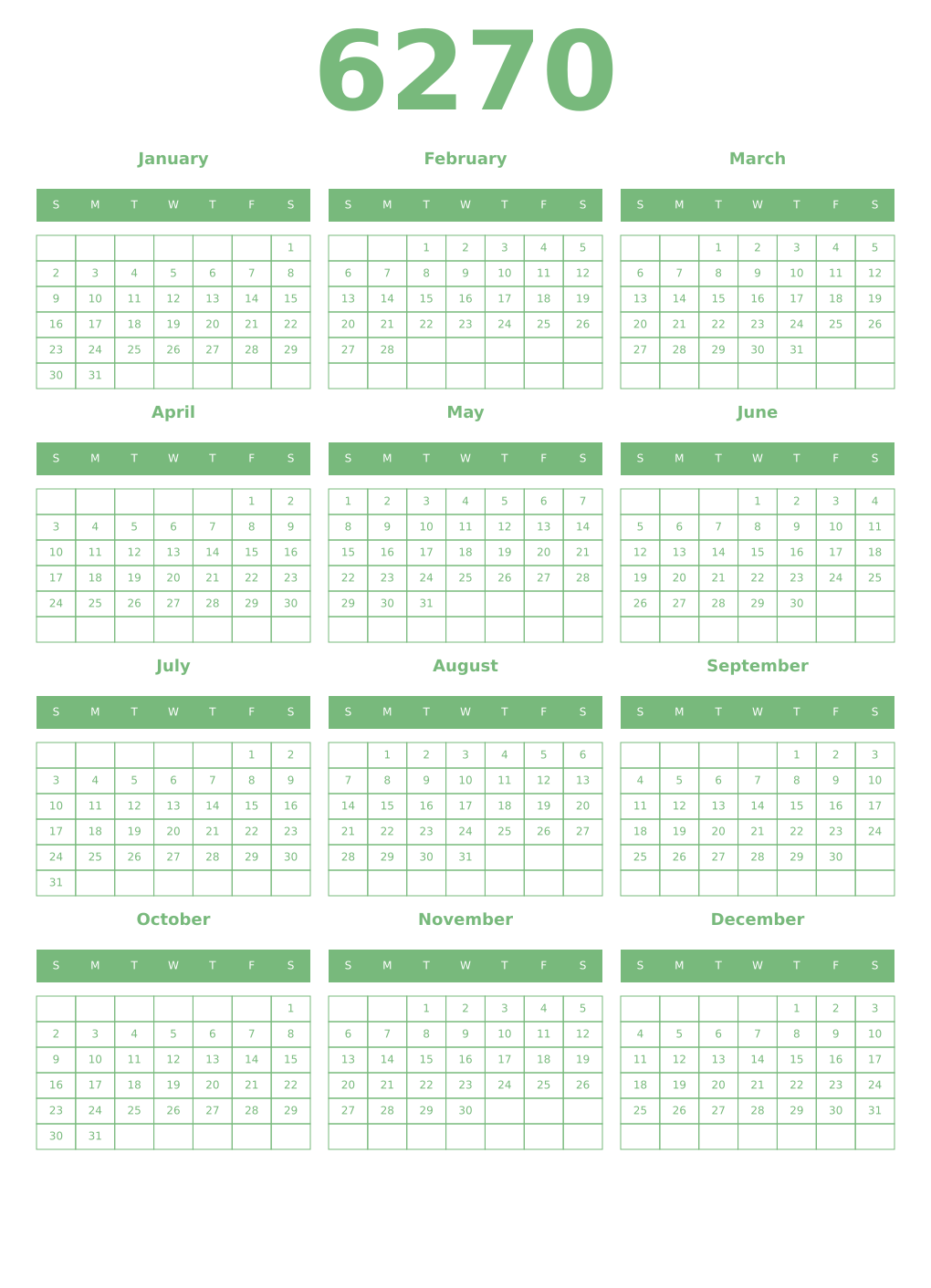 Printable 6270 Year Calendars celadon
