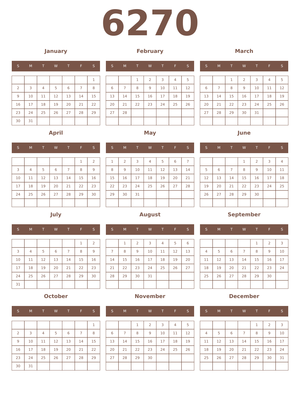Printable 6270 Year Calendars coffe