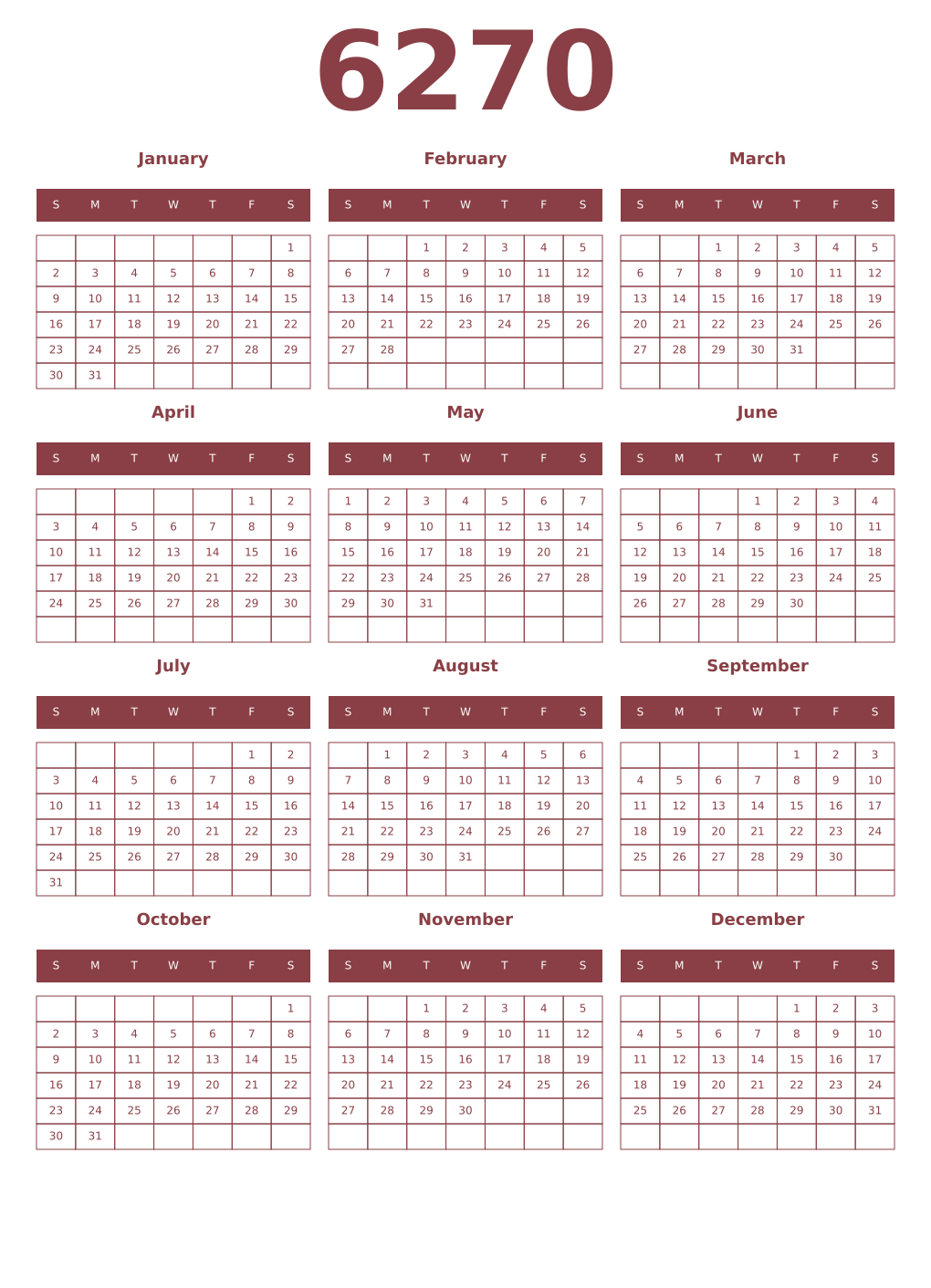 Printable 6270 Year Calendars cordovan
