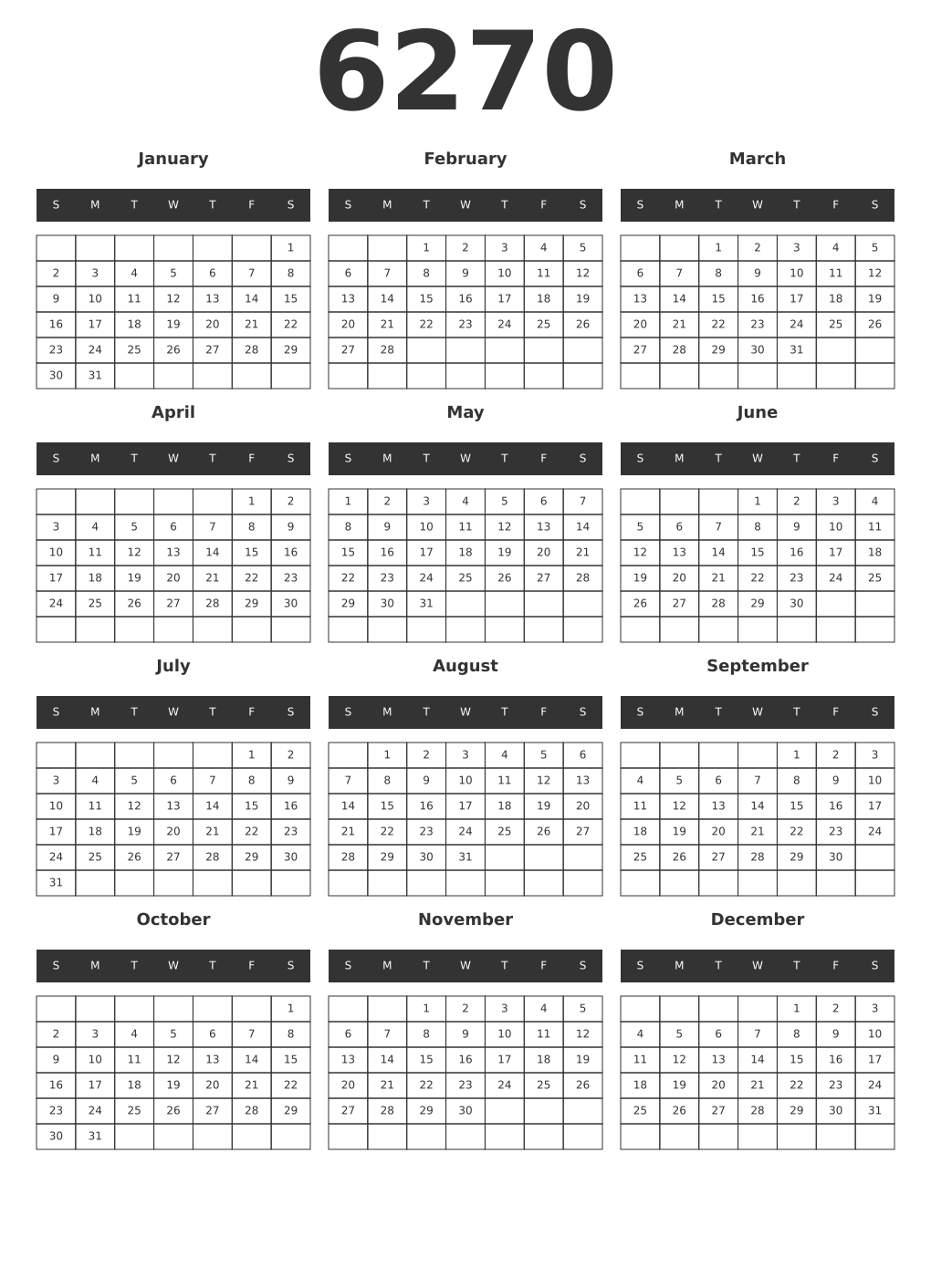 Printable 6270 Year Calendars dark