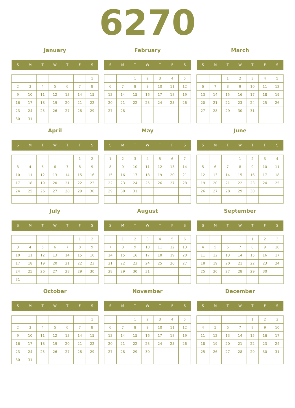 Printable 6270 Year Calendars eburnean