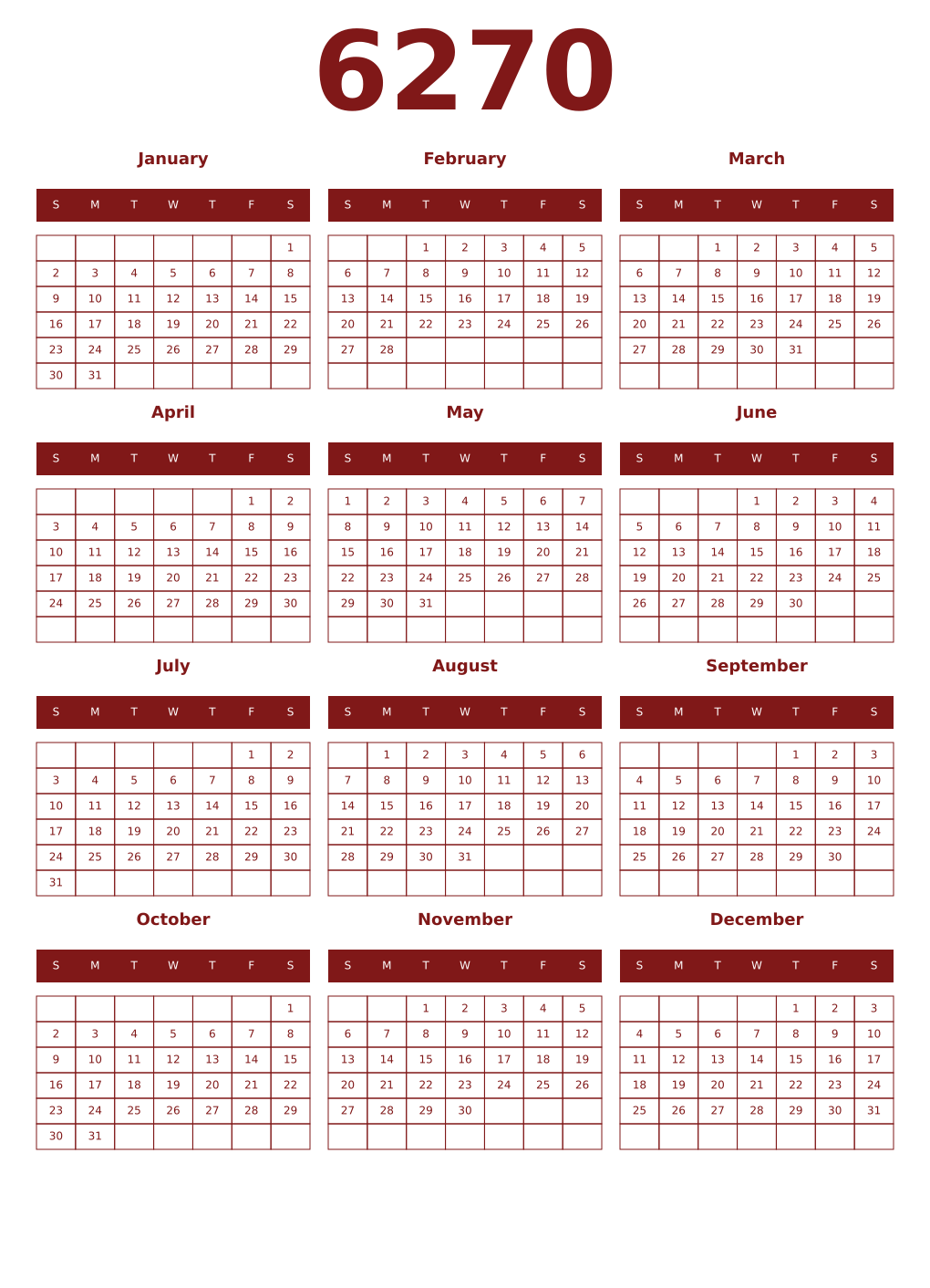 Printable 6270 Year Calendars falu