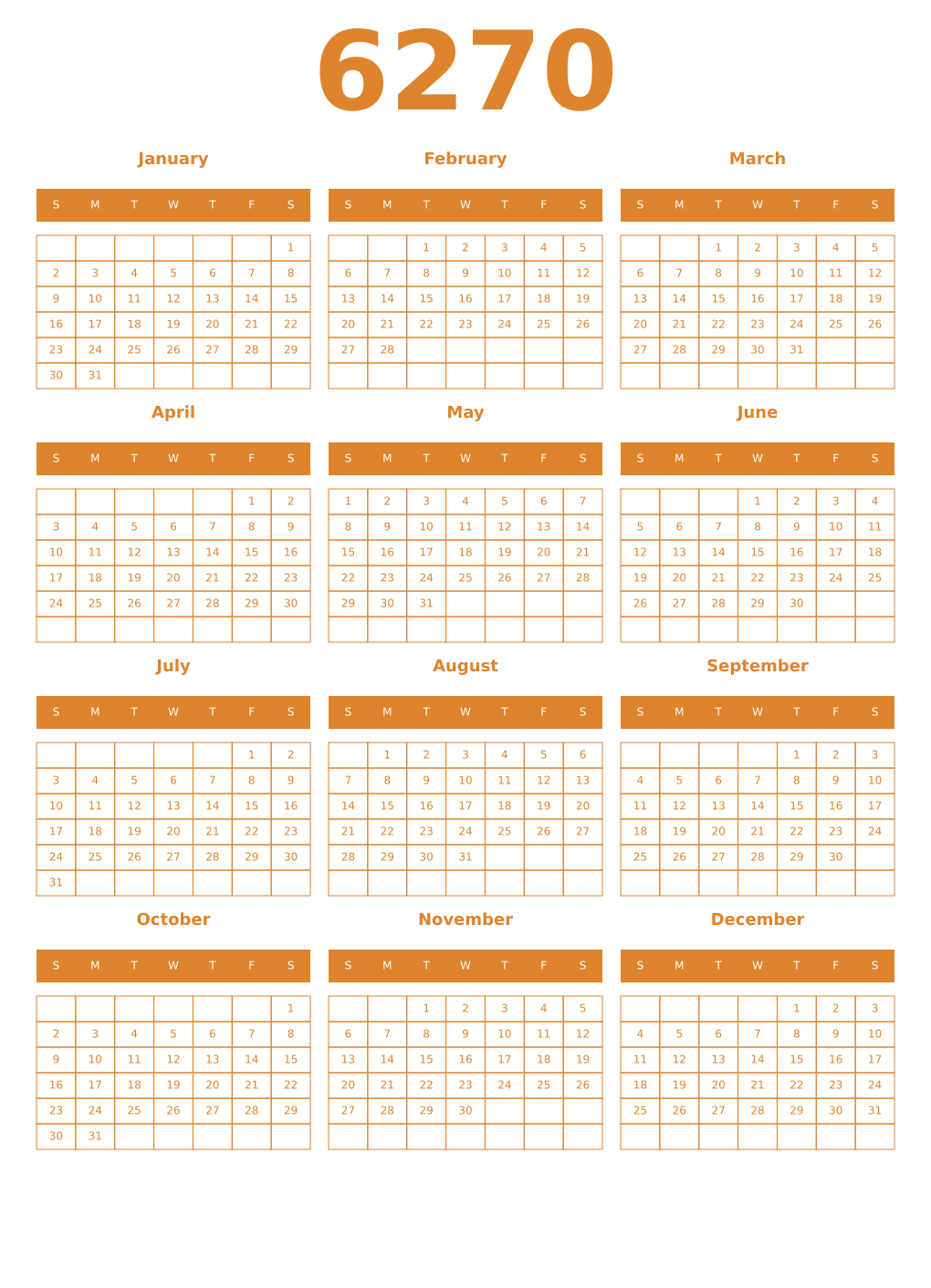 Printable 6270 Year Calendars orange