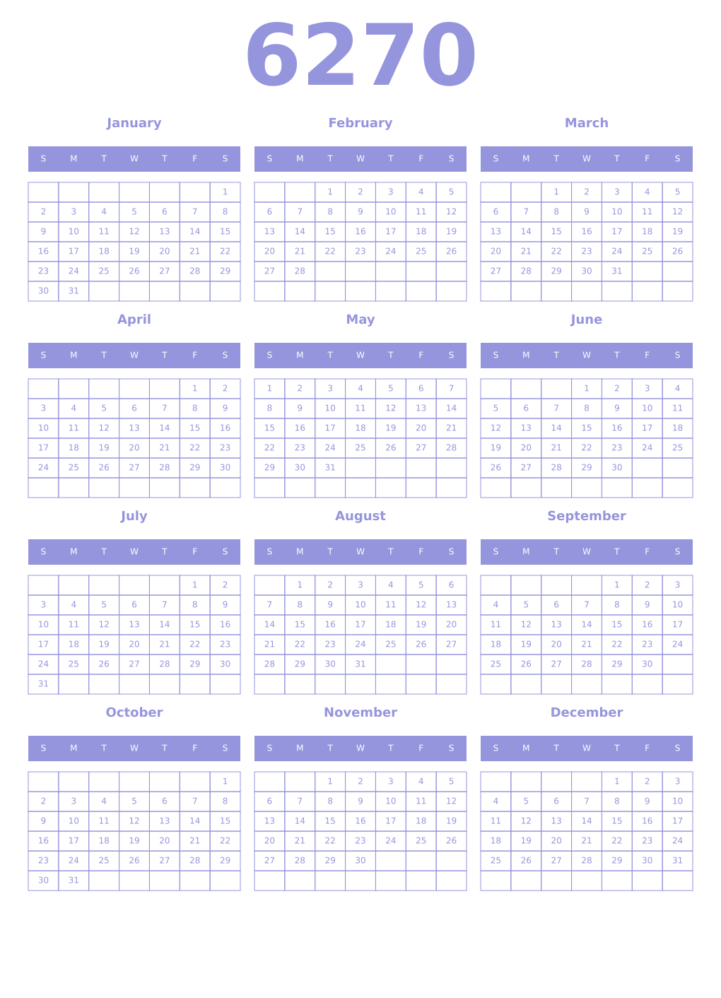 Printable 6270 Year Calendars periwinkle