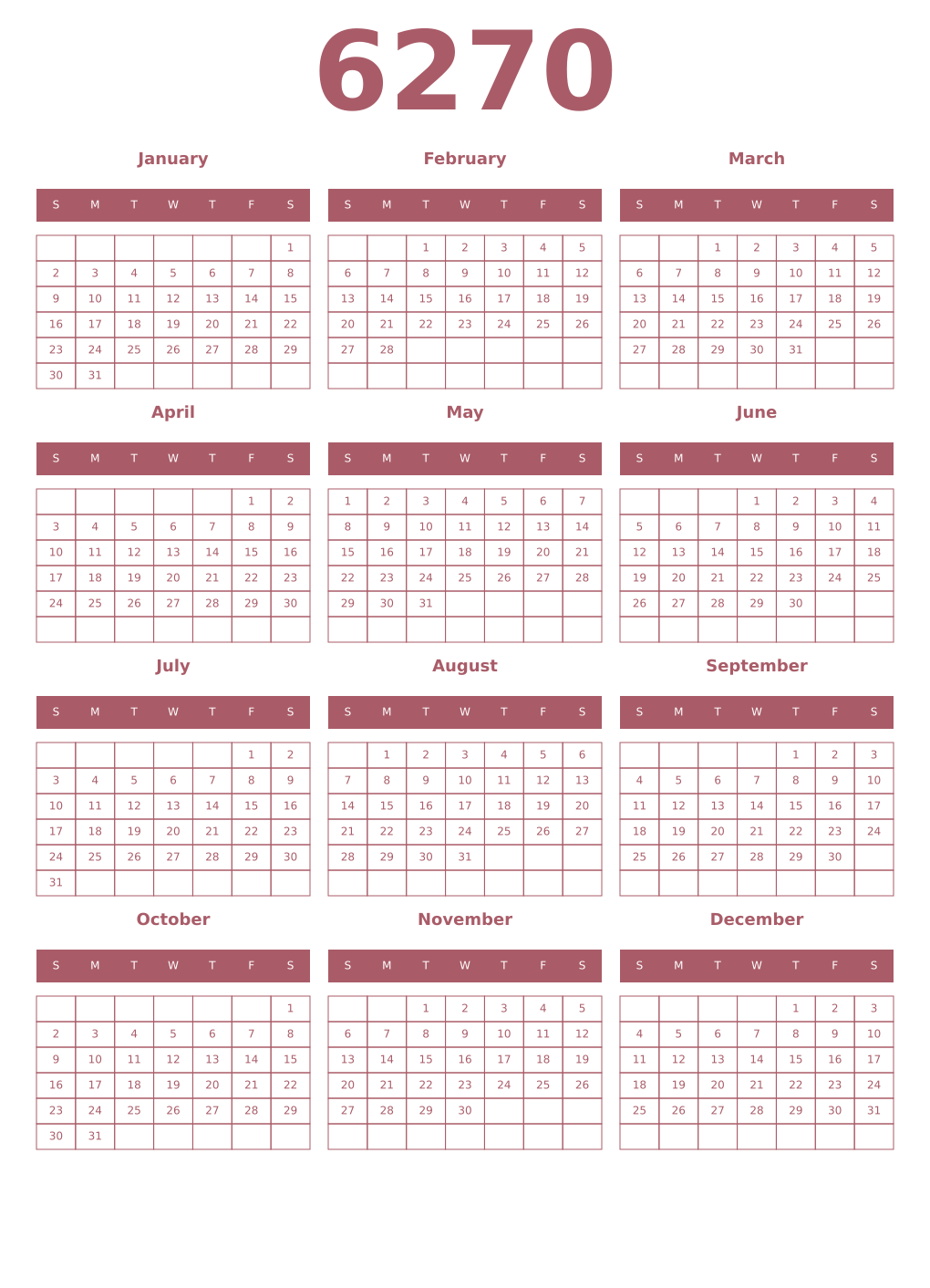 Printable 6270 Year Calendars puce