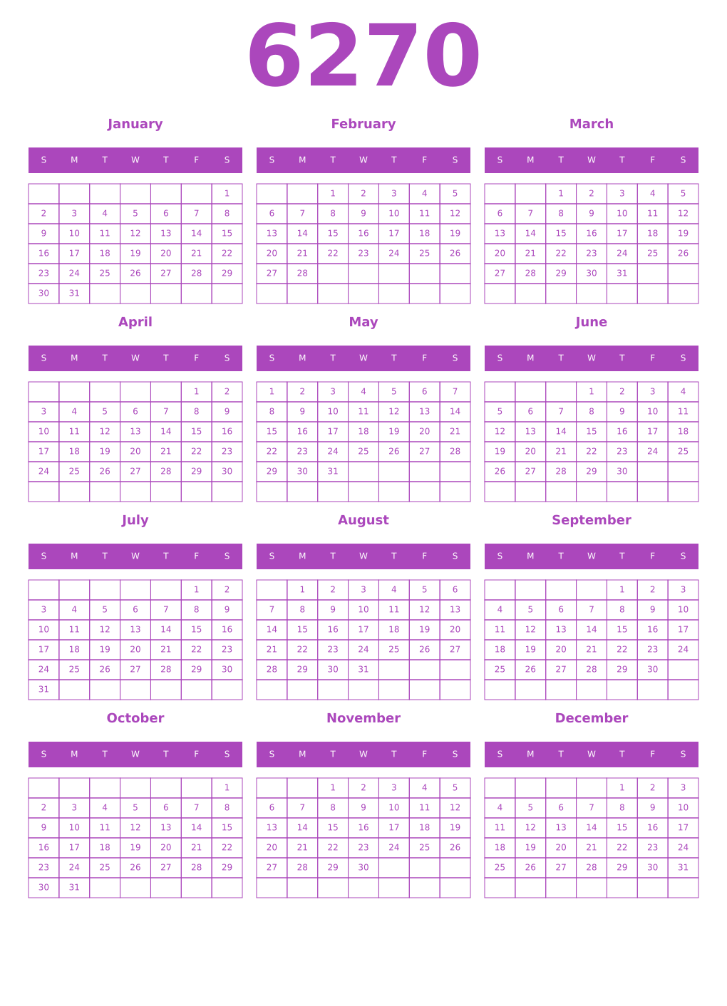 Printable 6270 Year Calendars purple