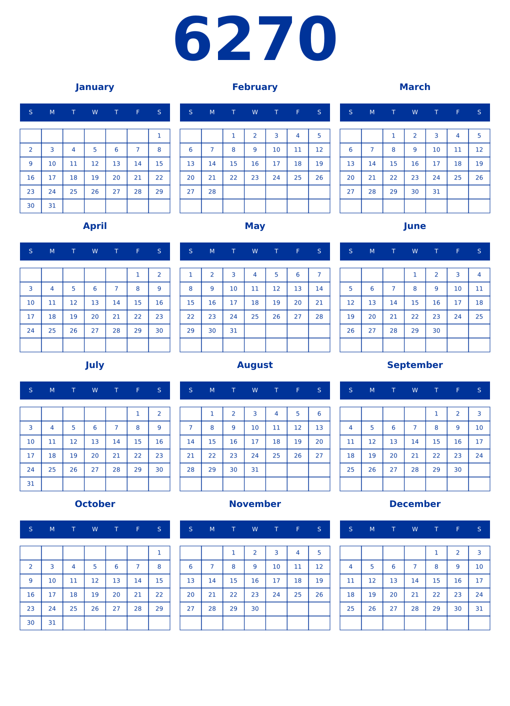 Printable 6270 Year Calendars smalt
