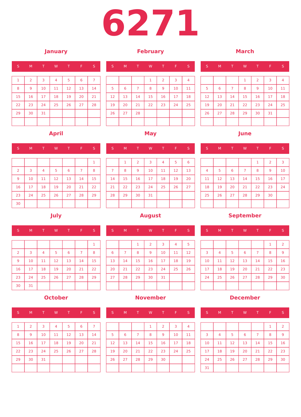 Printable 6271 Year Calendars amaranth