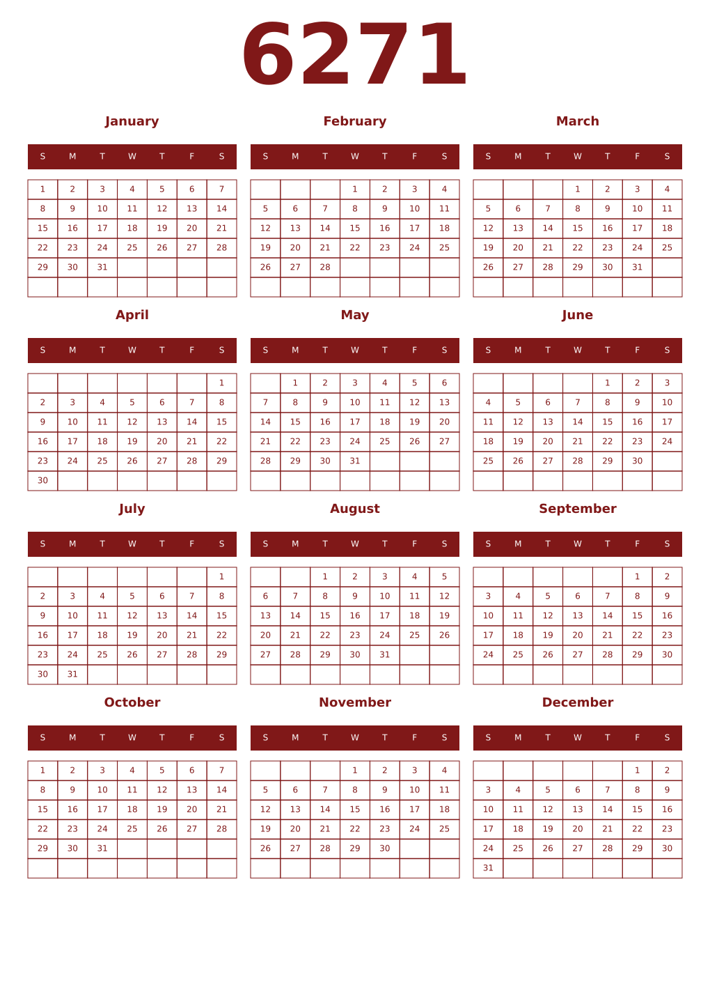 Printable 6271 Year Calendars falu