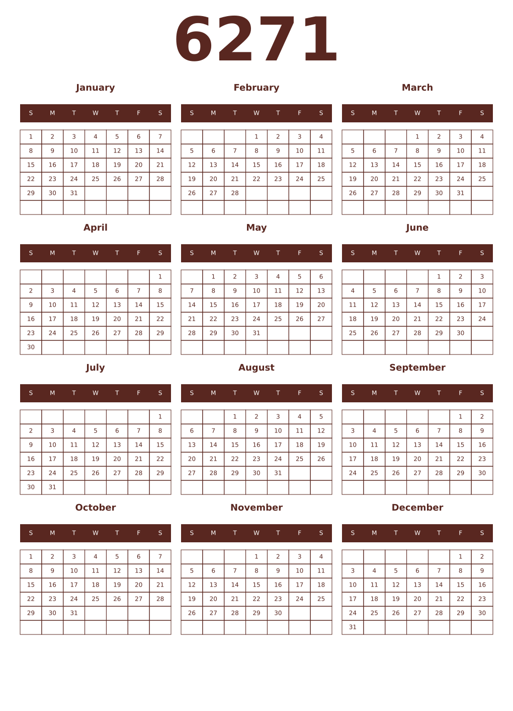 Printable 6271 Year Calendars mortuum