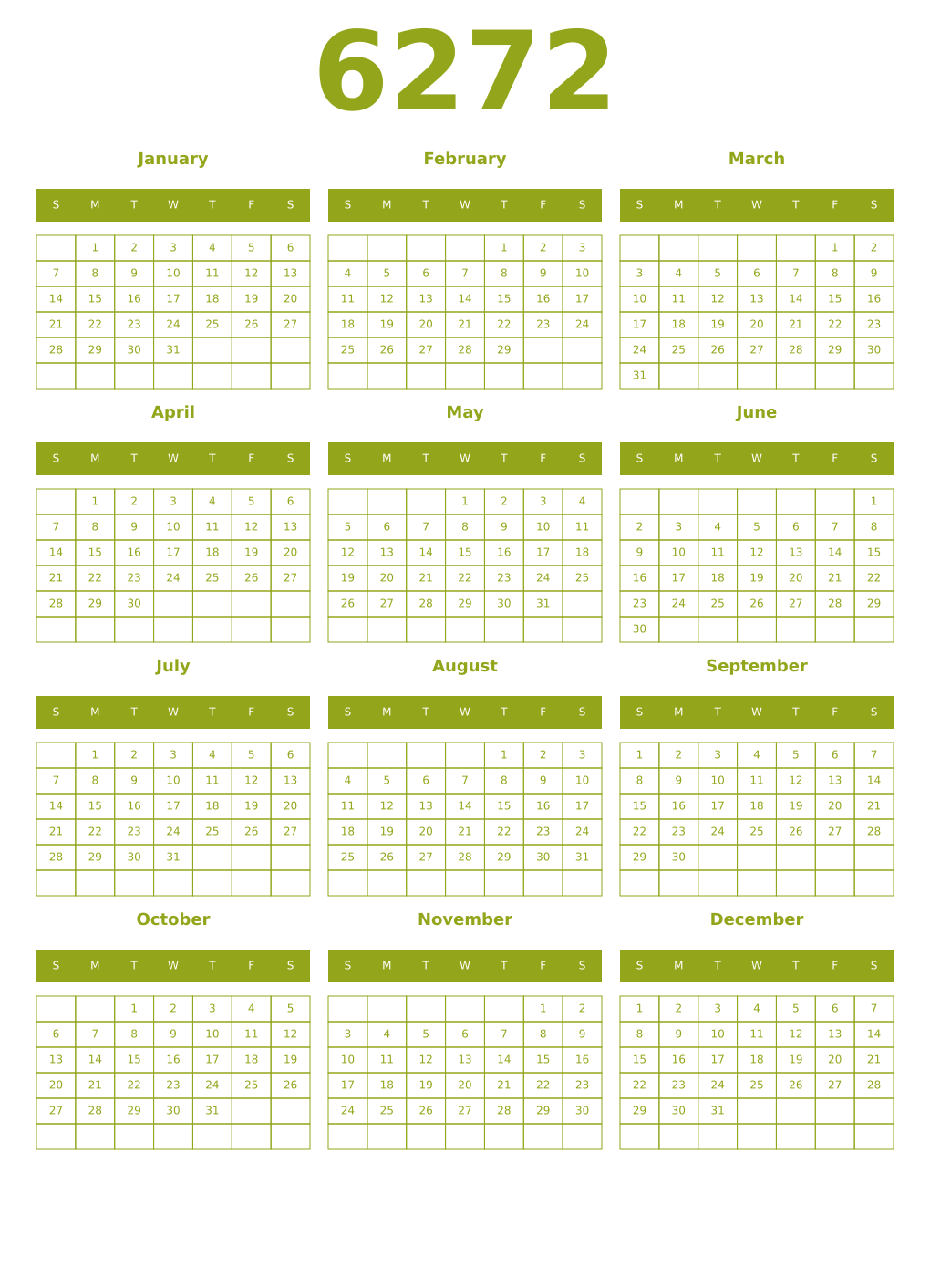 Printable 6272 Year Calendars chartreuse