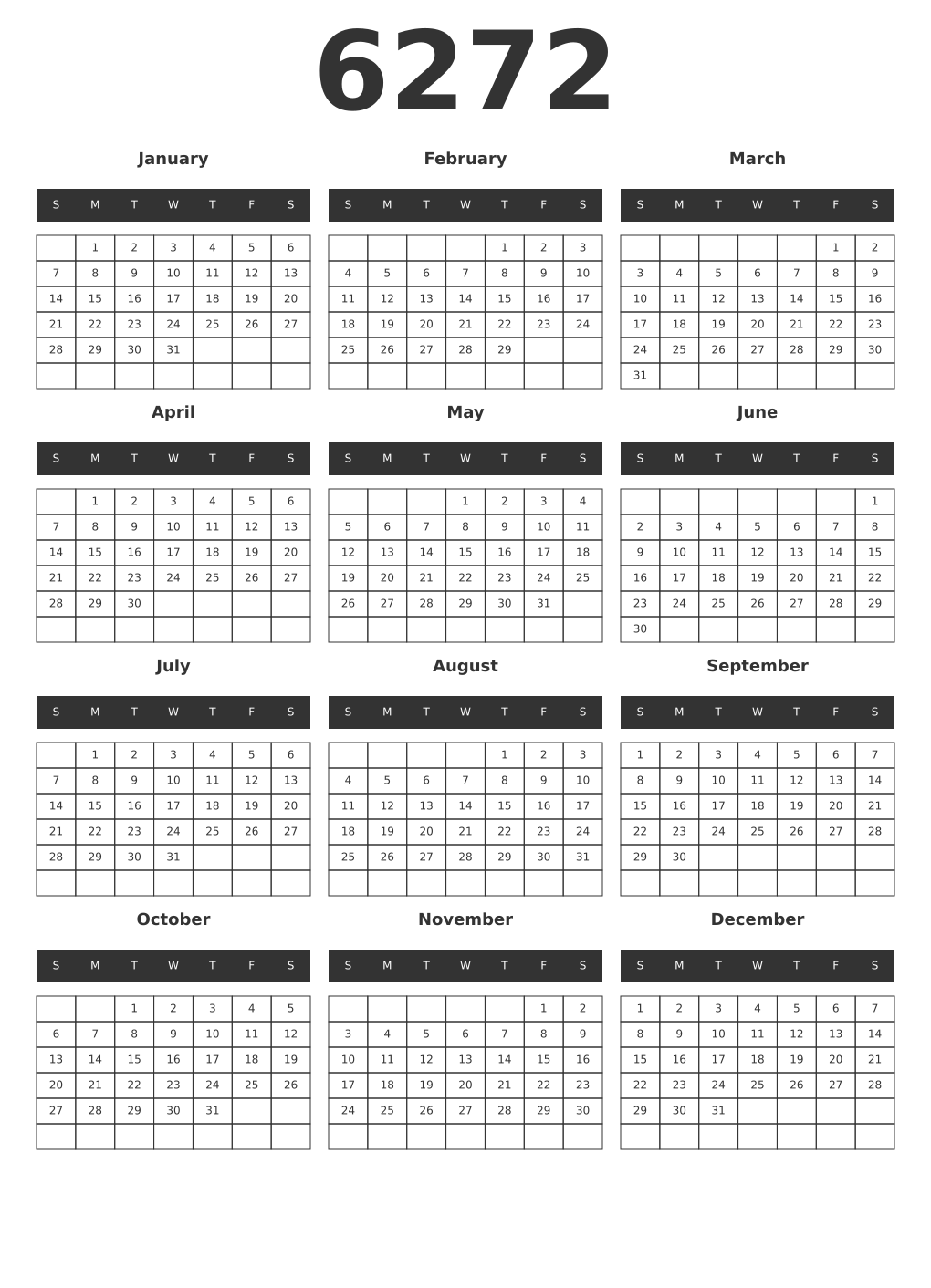 Printable 6272 Year Calendars dark