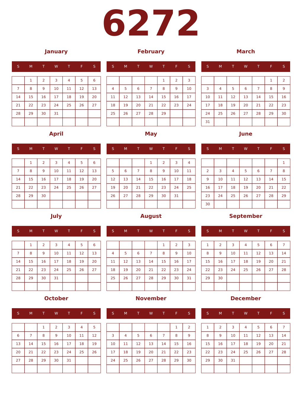 Printable 6272 Year Calendars falu