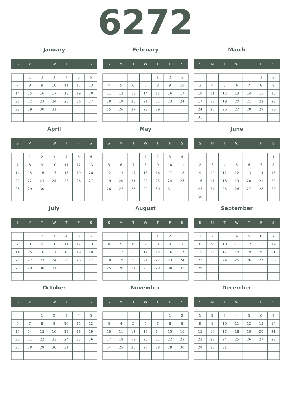 Printable 6272 Year Calendars feldgrau