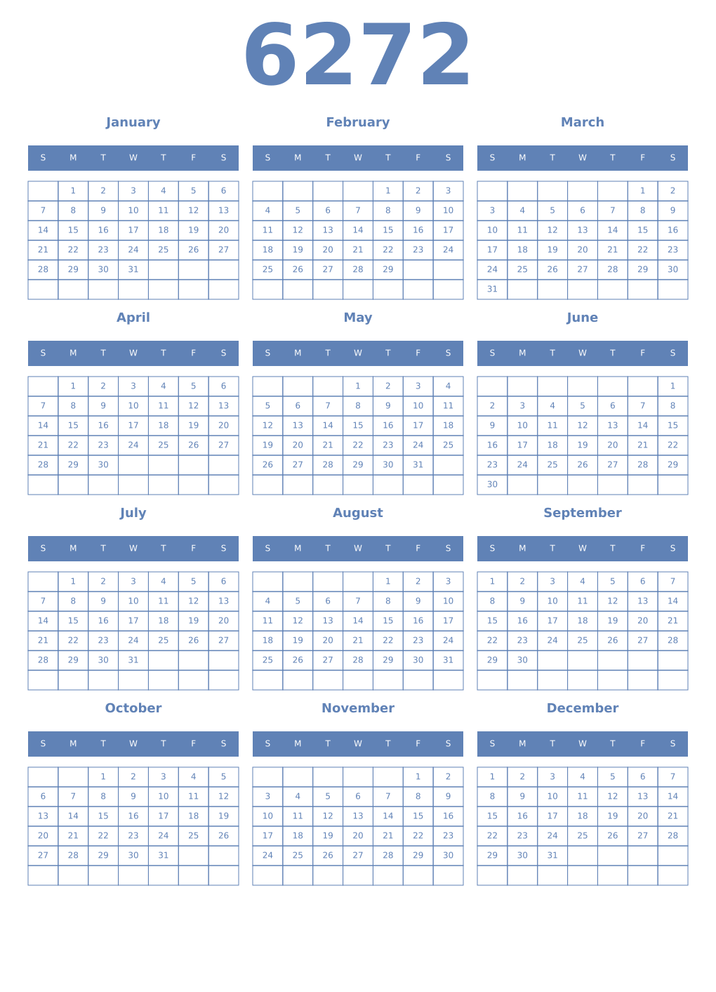 Printable 6272 Year Calendars glaucous