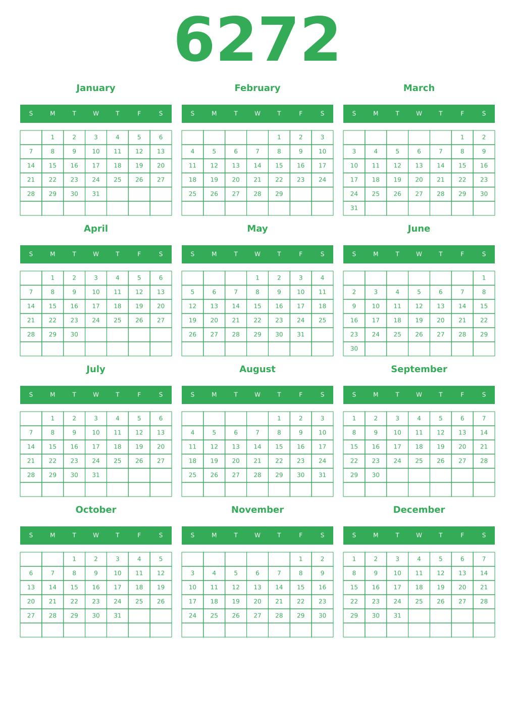 Printable 6272 Year Calendars green