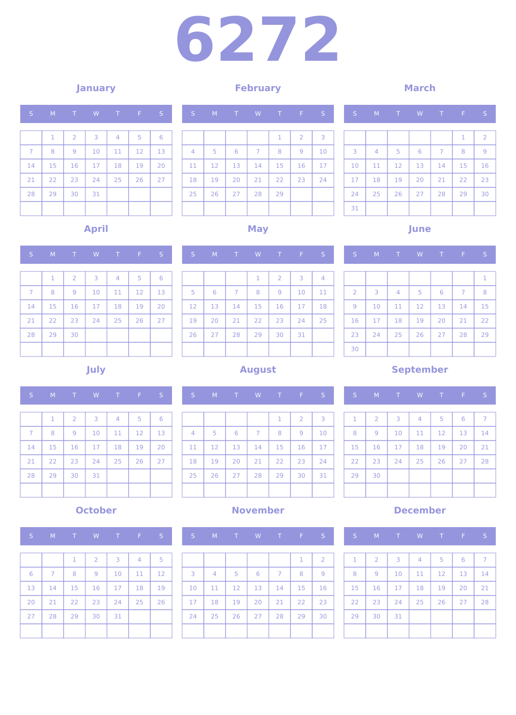 Printable 6272 Year Calendars periwinkle