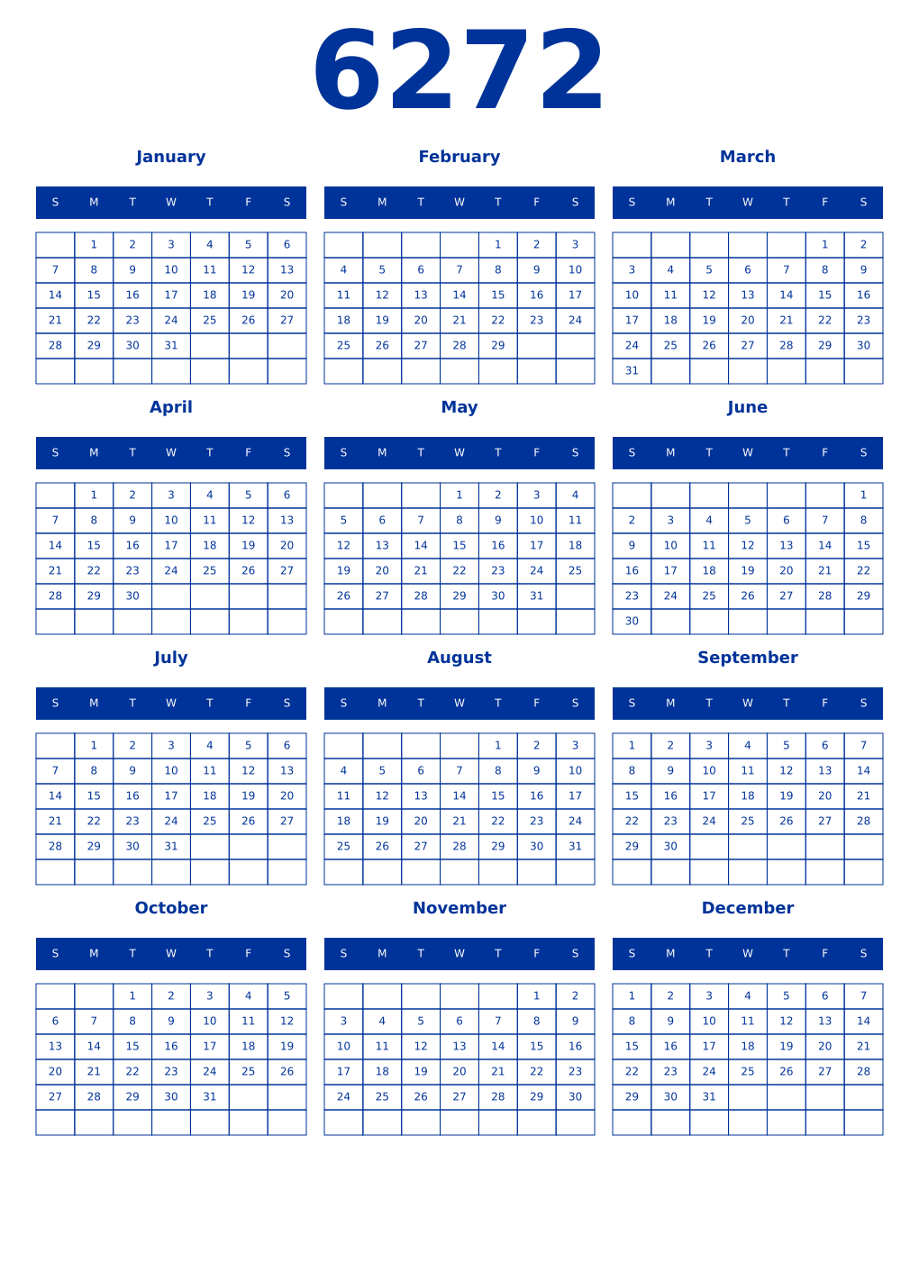 Printable 6272 Year Calendars smalt