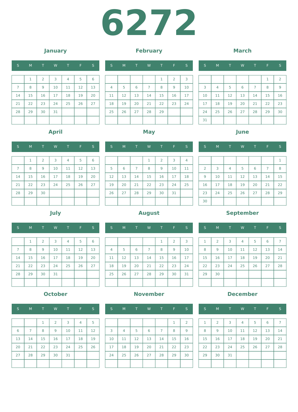 Printable 6272 Year Calendars viridian