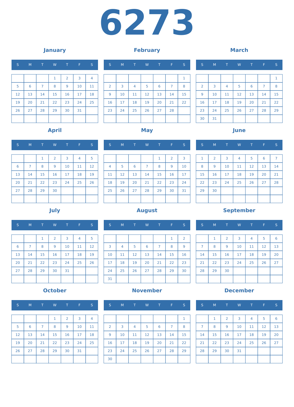 Printable 6273 Year Calendars blue
