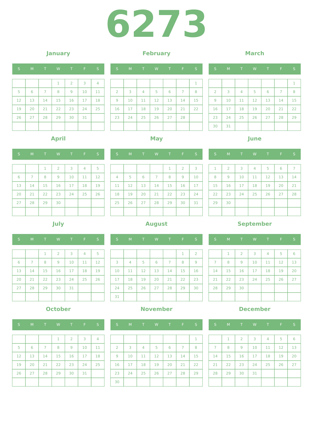 Printable 6273 Year Calendars celadon