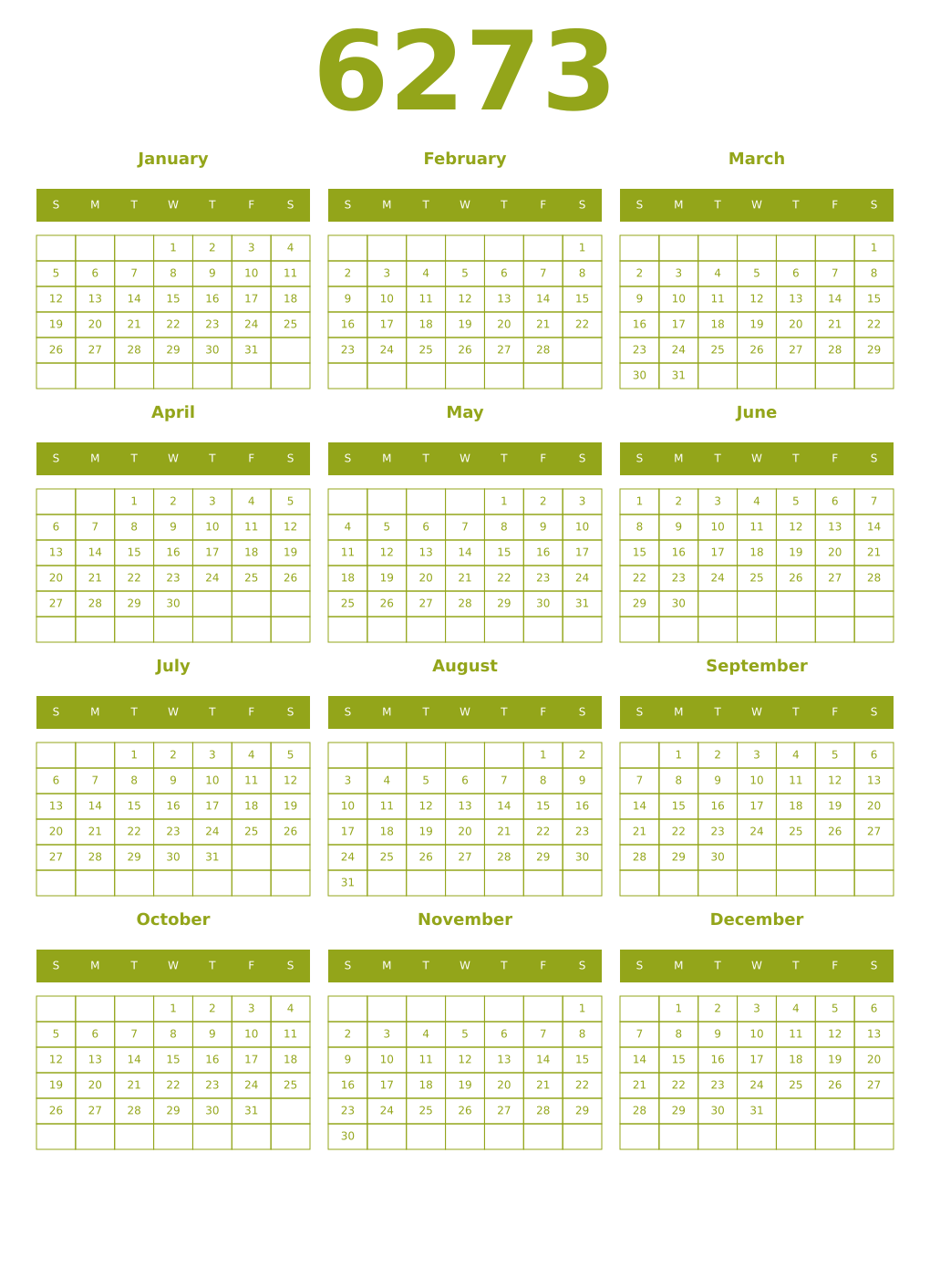 Printable 6273 Year Calendars chartreuse