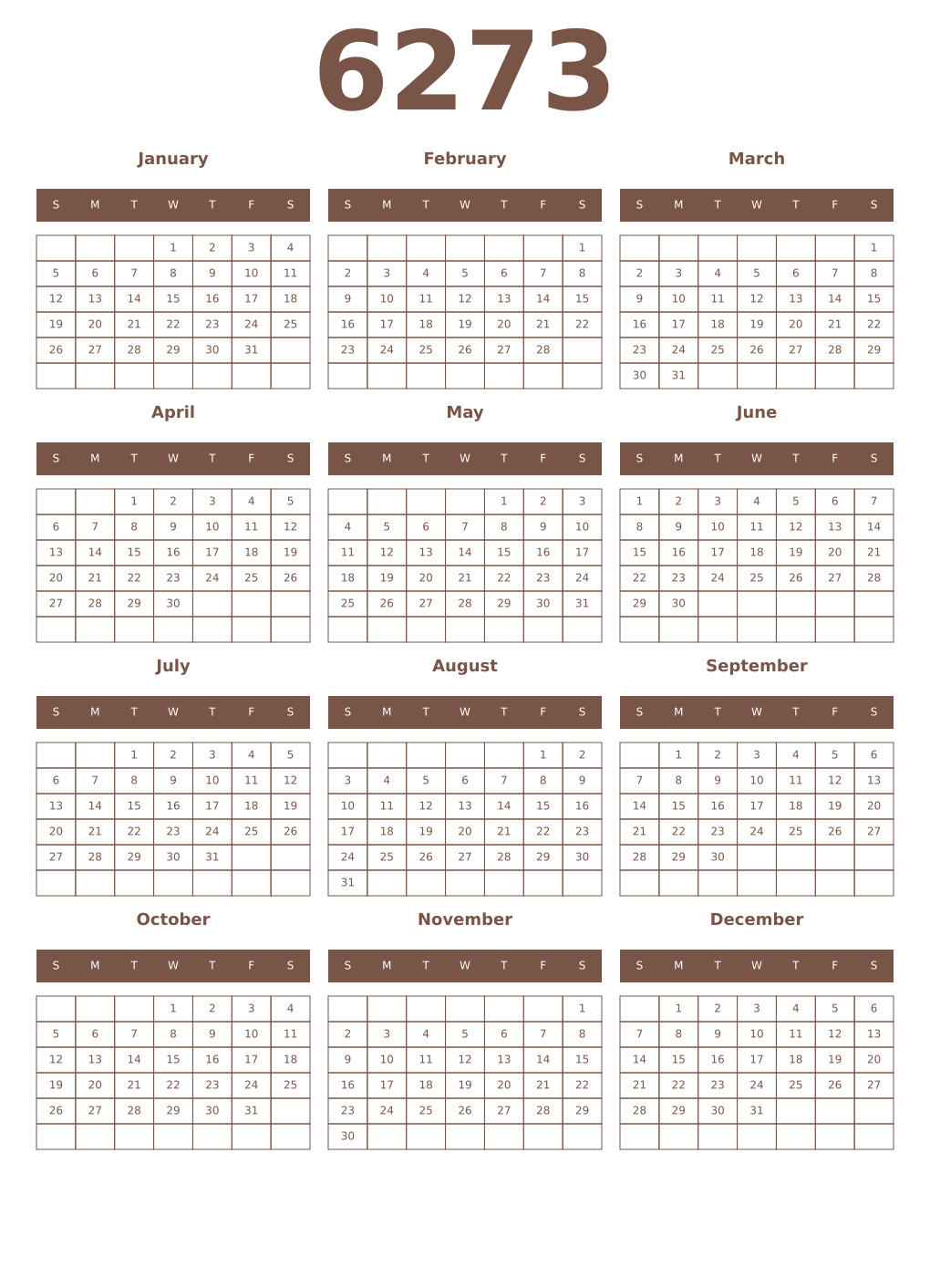 Printable 6273 Year Calendars coffe