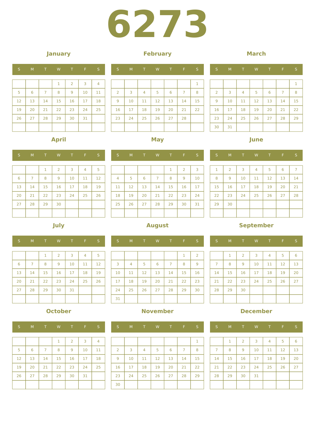 Printable 6273 Year Calendars eburnean