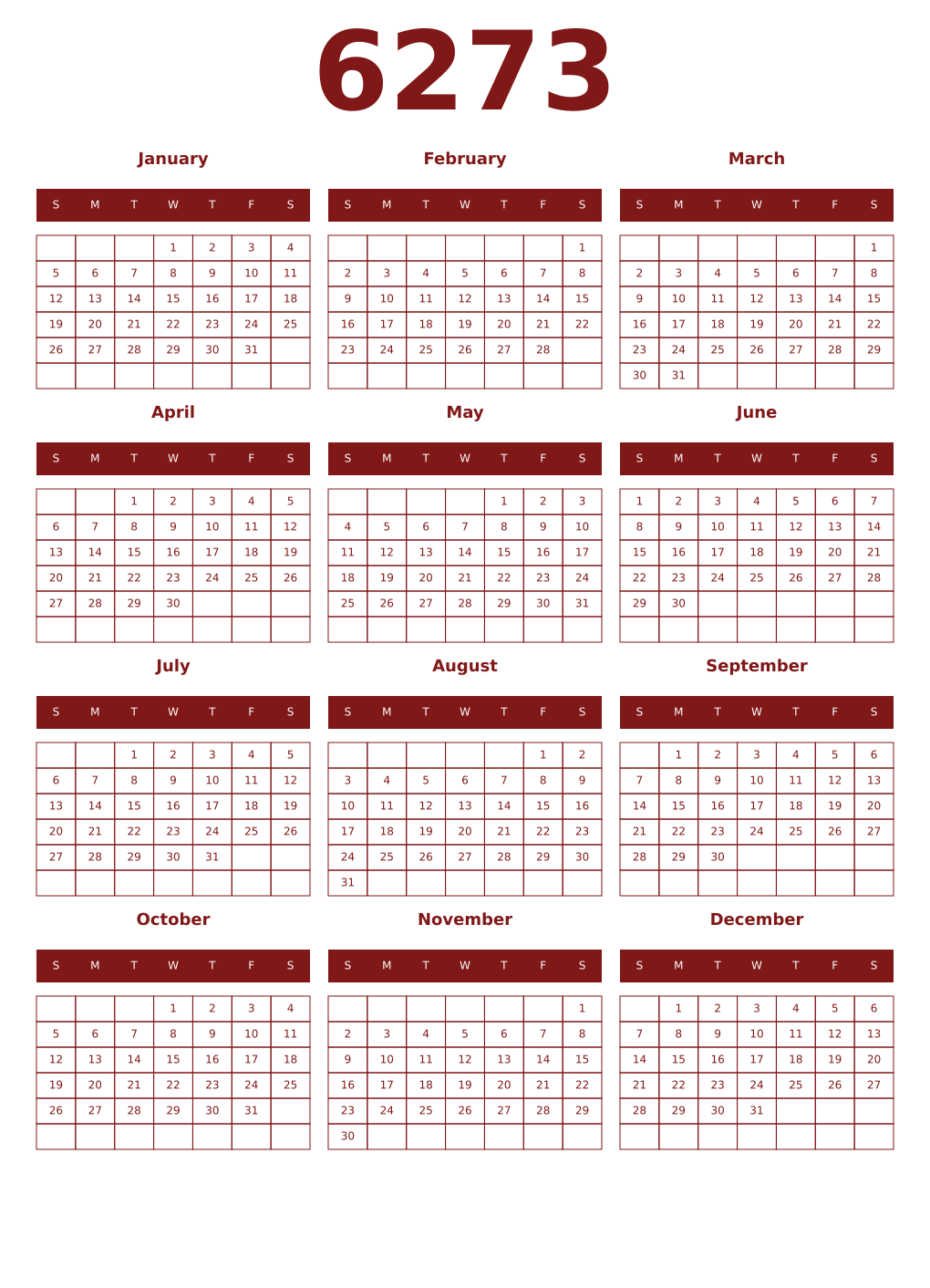 Printable 6273 Year Calendars falu