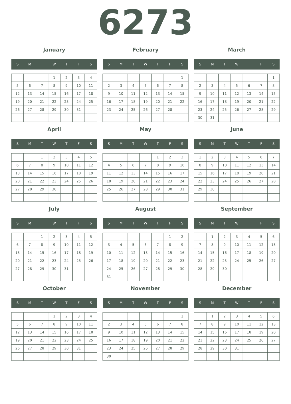 Printable 6273 Year Calendars feldgrau