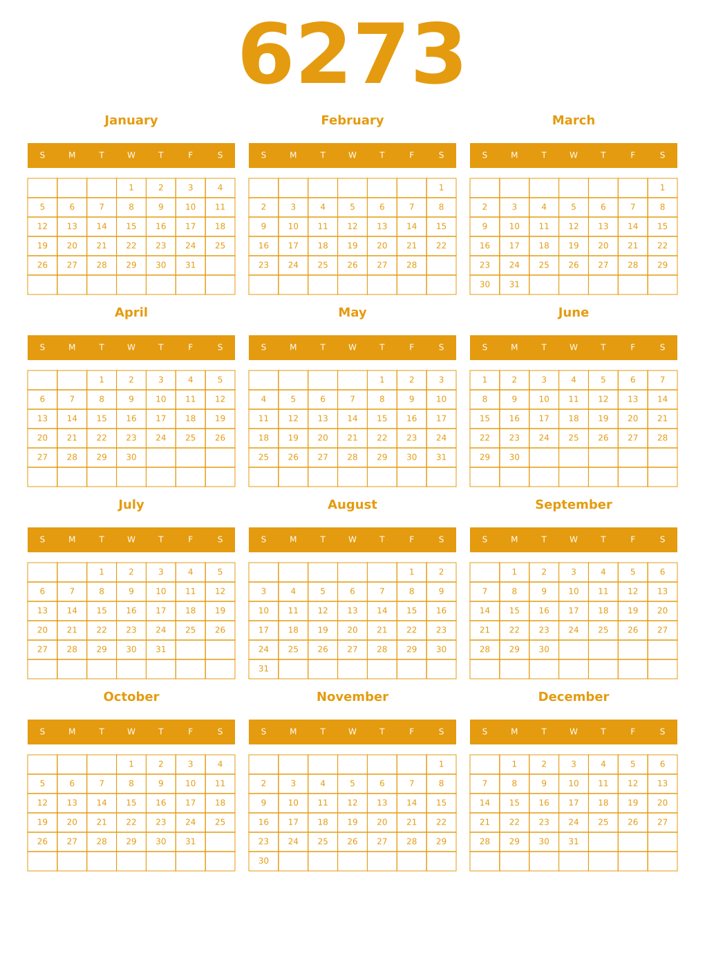 Printable 6273 Year Calendars gamboge