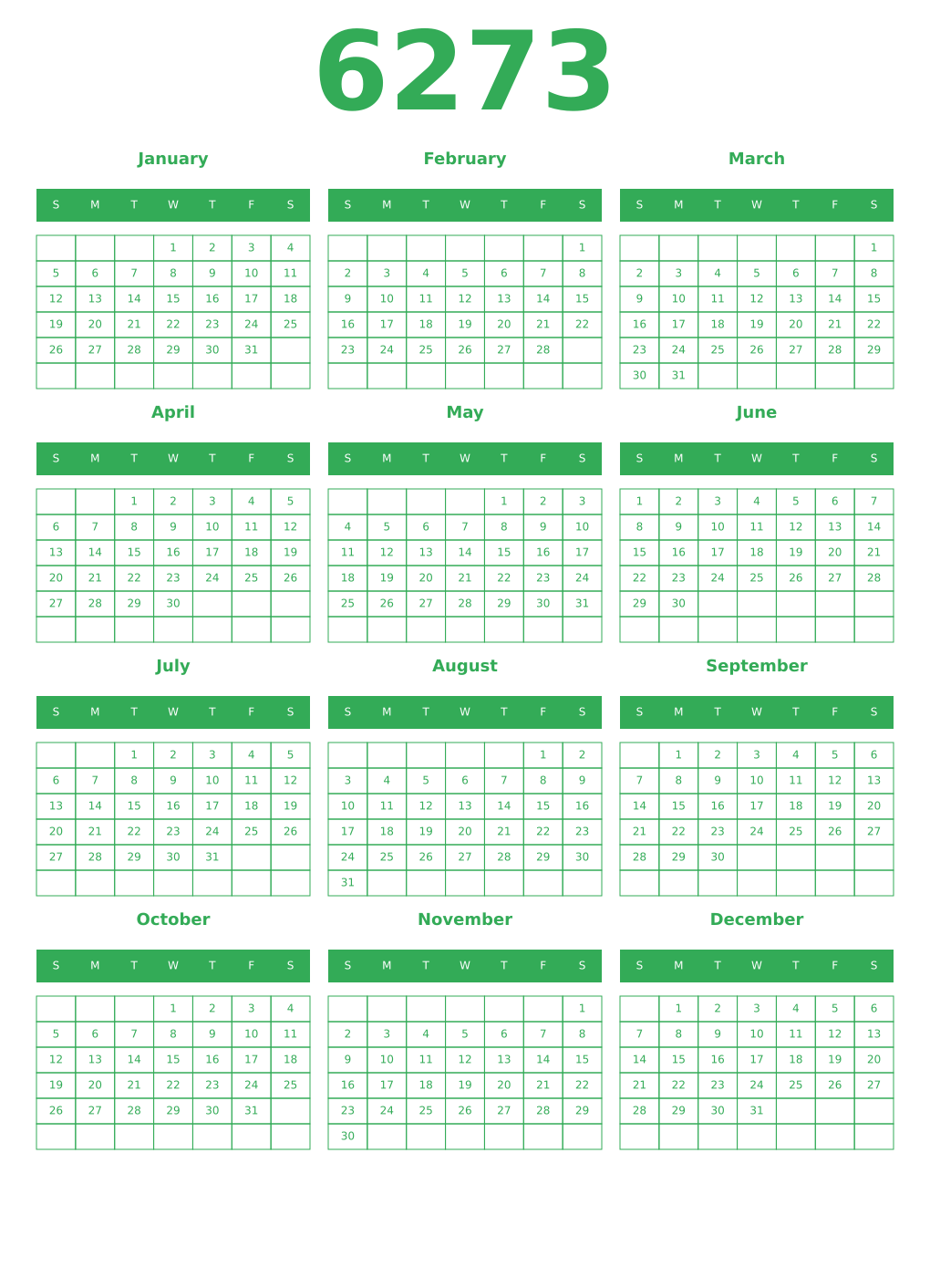 Printable 6273 Year Calendars green
