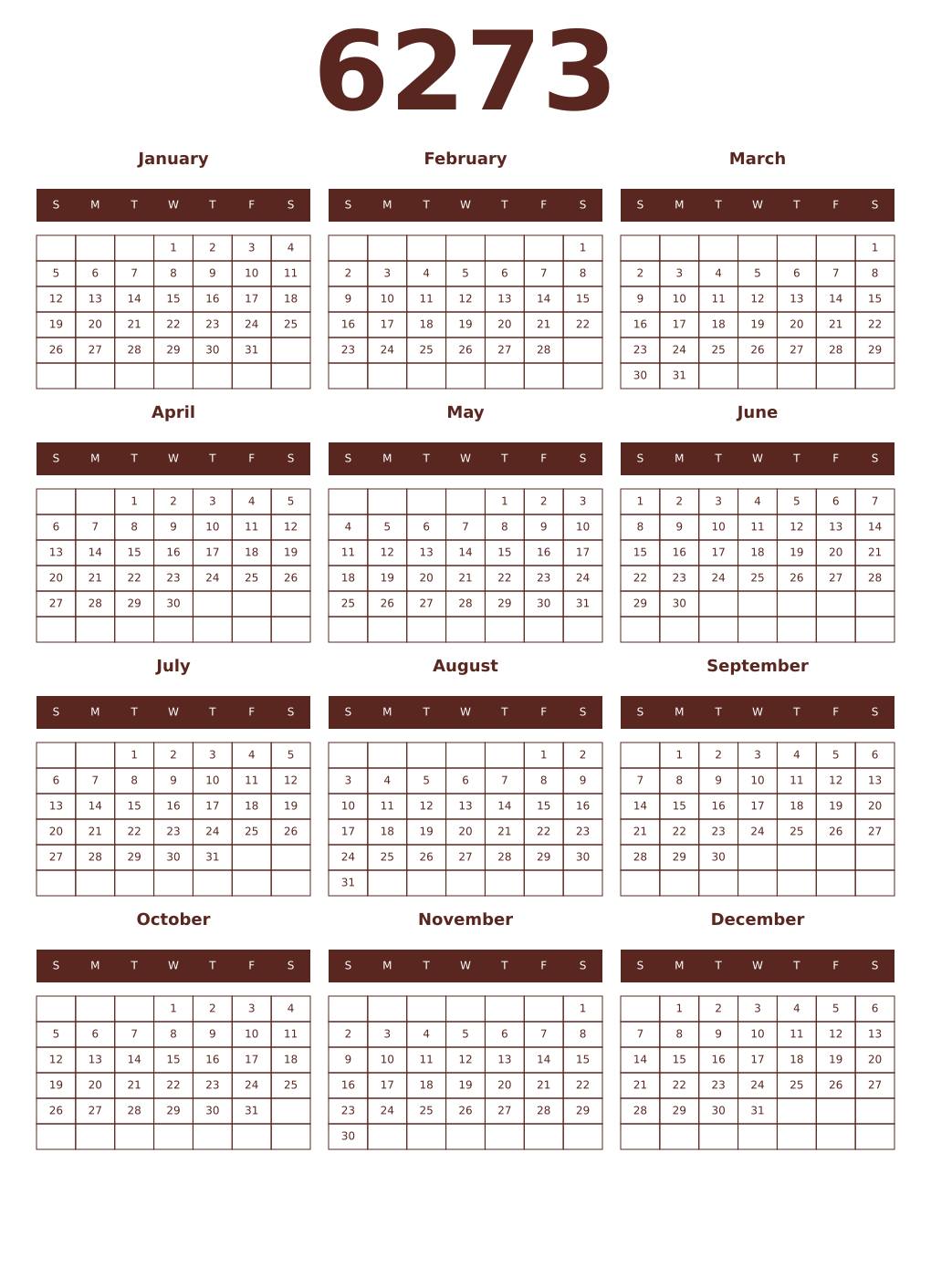 Printable 6273 Year Calendars mortuum