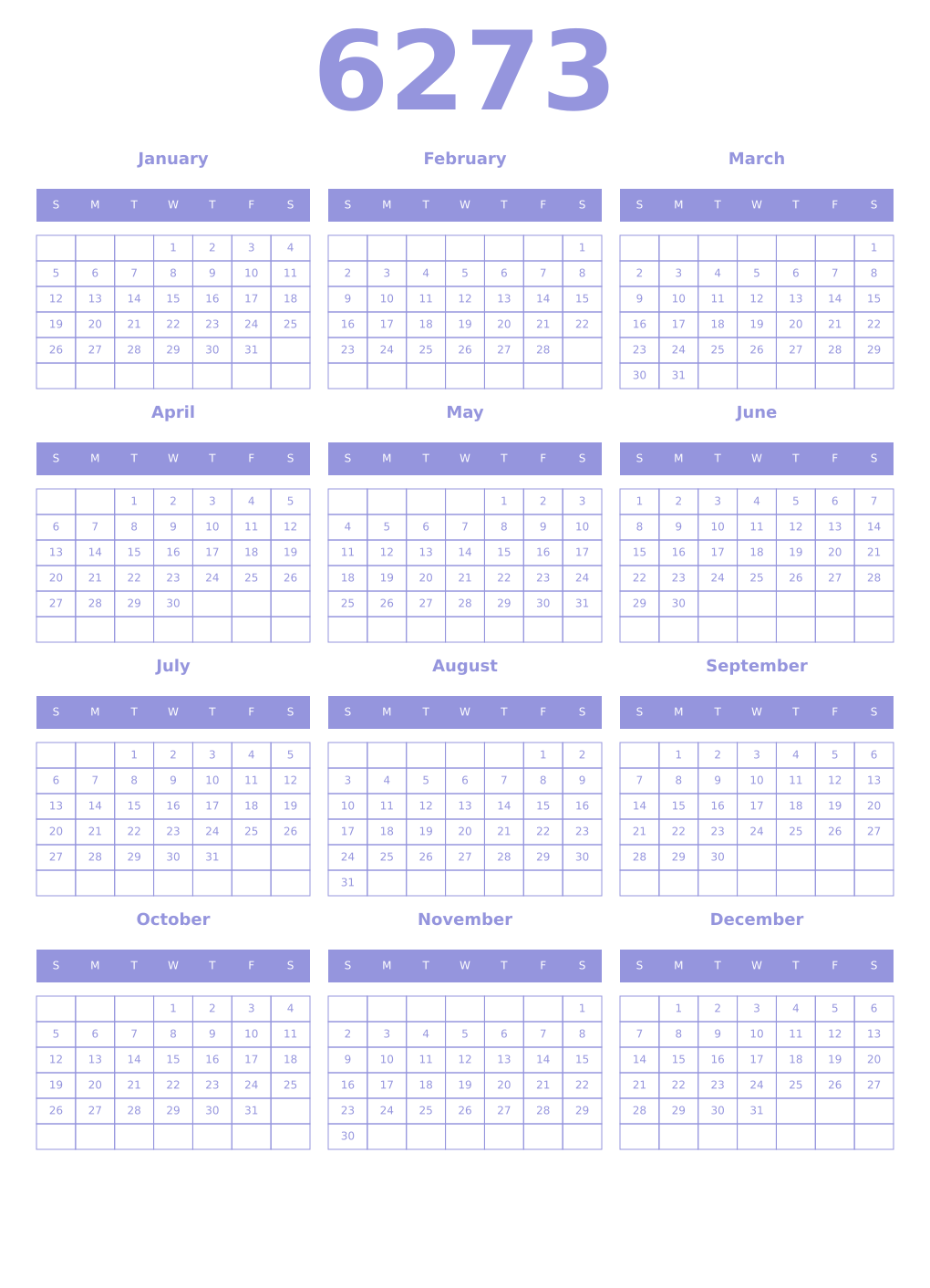 Printable 6273 Year Calendars periwinkle