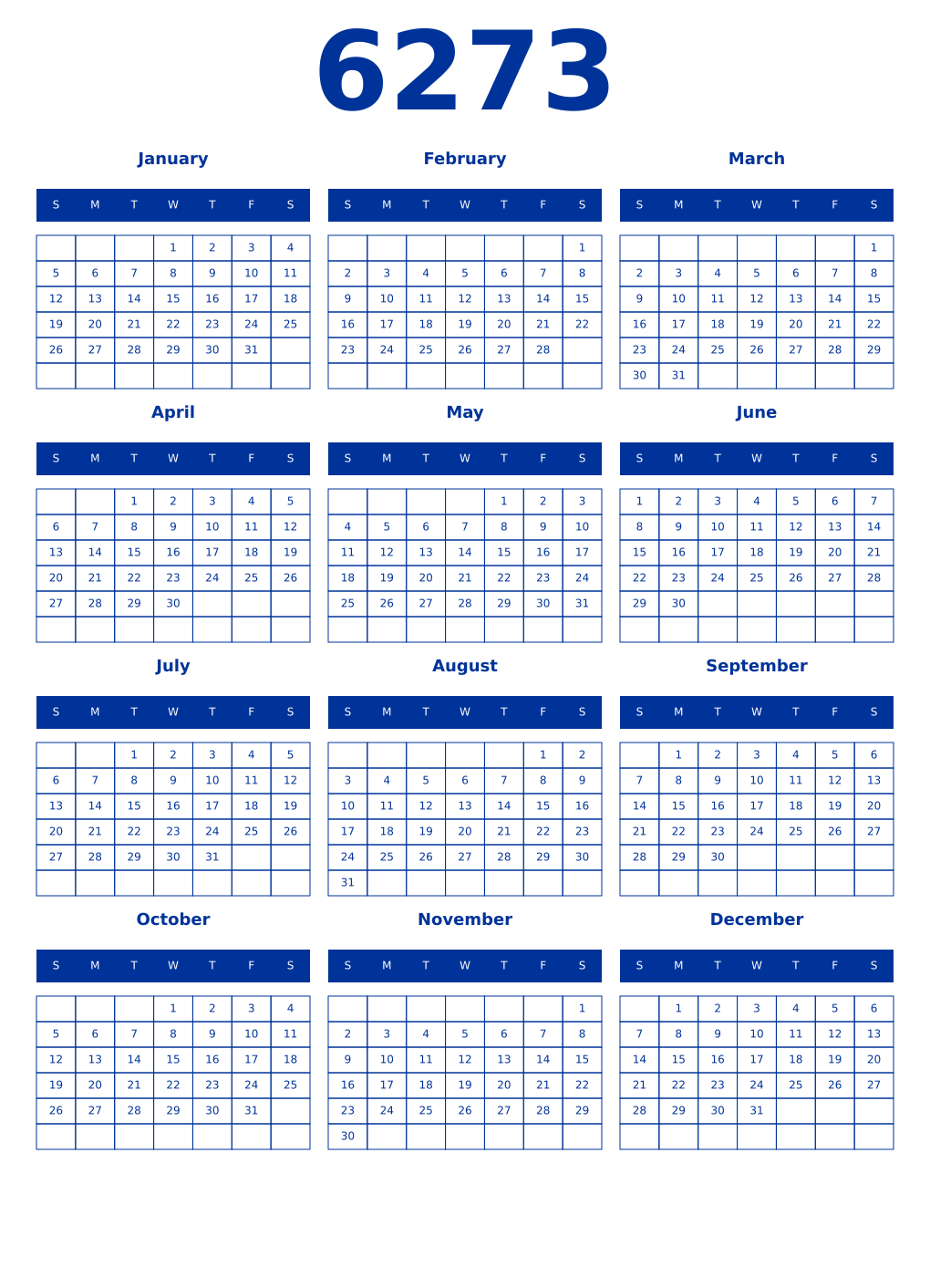 Printable 6273 Year Calendars smalt